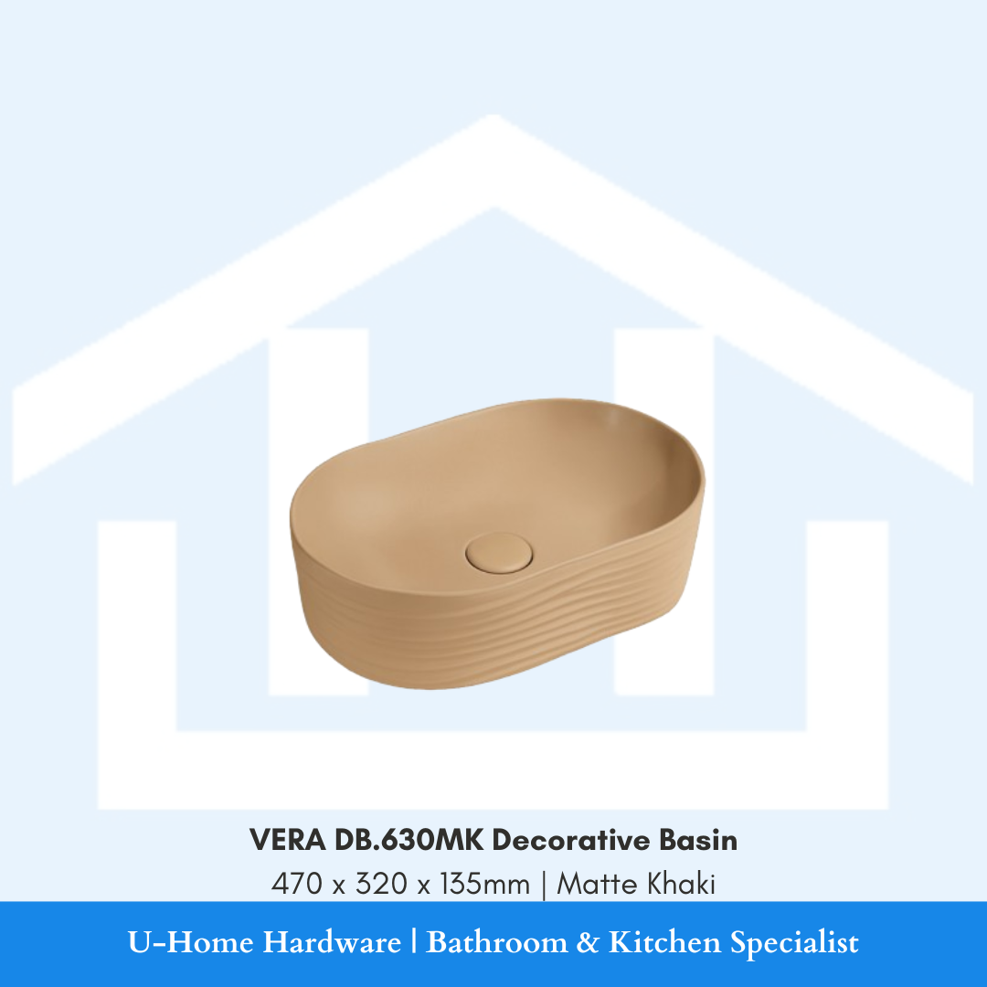Top angle view of the oval VERA DB.630MK decorative above-counter ceramic vessel basin in Matte Khaki finish with fluted outer wall texture, measuring 470x320x135mm.