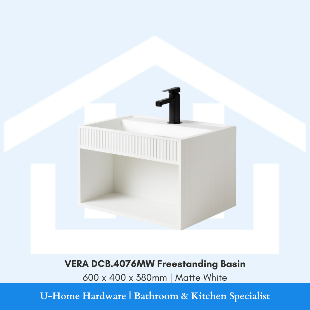 Front angle view of the rectangular VERA DCB.4076MW wall-mounted ceramic basin vanity unit in Matte White finish with ribbed fluted accent front and open lower storage compartment, measuring 600x400x380mm.
