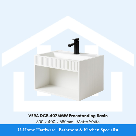 Front angle view of the rectangular VERA DCB.4076MW wall-mounted ceramic basin vanity unit in Matte White finish with ribbed fluted accent front and open lower storage compartment, measuring 600x400x380mm.