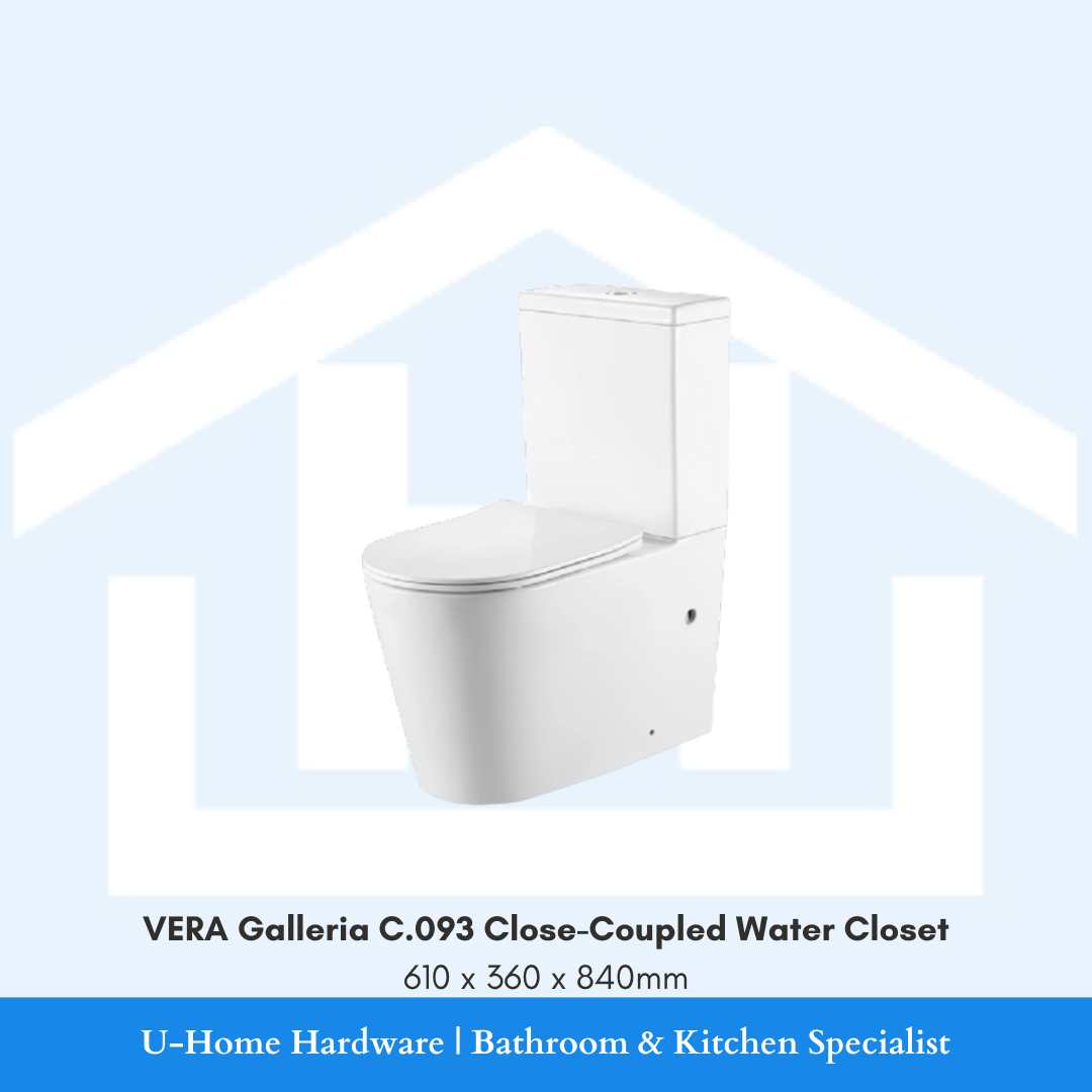 Front angle view of the white VERA Galleria C.093 close-coupled two-piece water closet measuring 610x360x840mm, featuring a fully skirted smooth base.