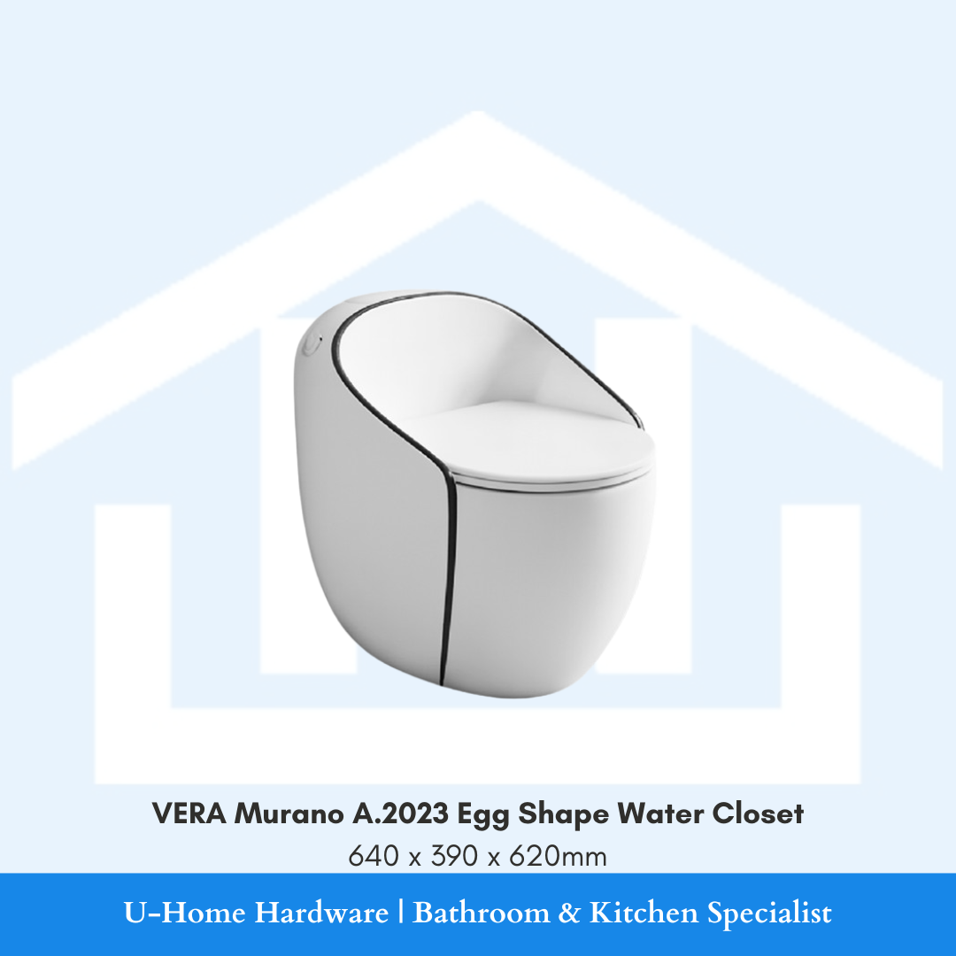 Front angle view of the white VERA Murano A.2023 egg-shape water closet measuring 640x390x620mm, displaying its organic curved profile and dark accent outline.