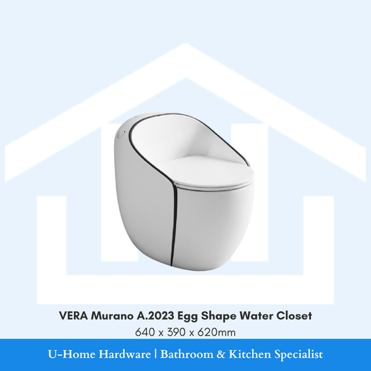 Front angle view of the white VERA Murano A.2023 egg-shape water closet measuring 640x390x620mm, displaying its organic curved profile and dark accent outline.