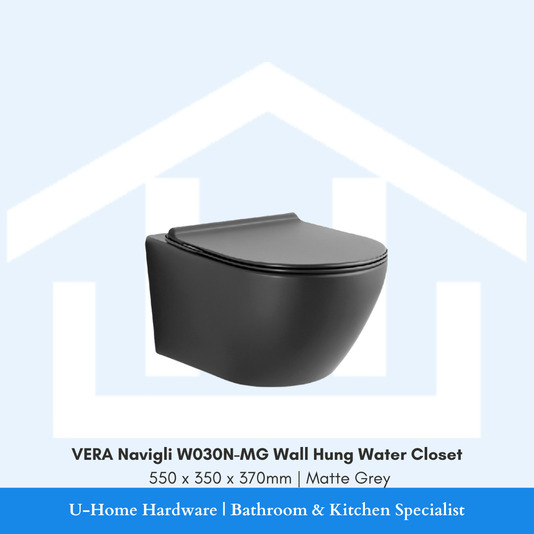 Front-side view of the VERA Navigli W030N-MG wall-hung water closet in Matte Grey finish measuring 550x350x370mm, showing its sleek floating profile and smooth ceramic bowl.