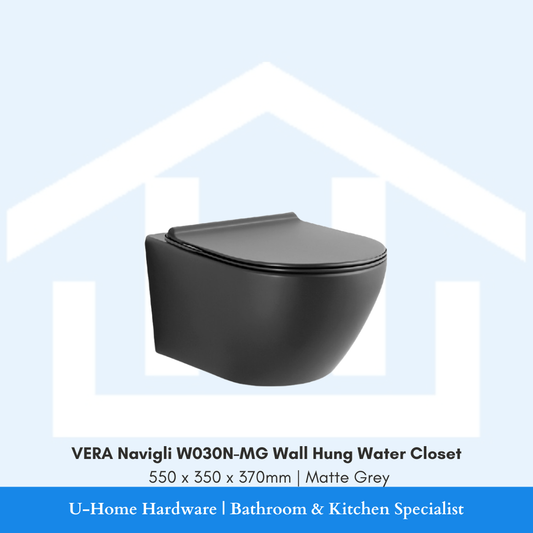 Front-side view of the VERA Navigli W030N-MG wall-hung water closet in Matte Grey finish measuring 550x350x370mm, showing its sleek floating profile and smooth ceramic bowl.