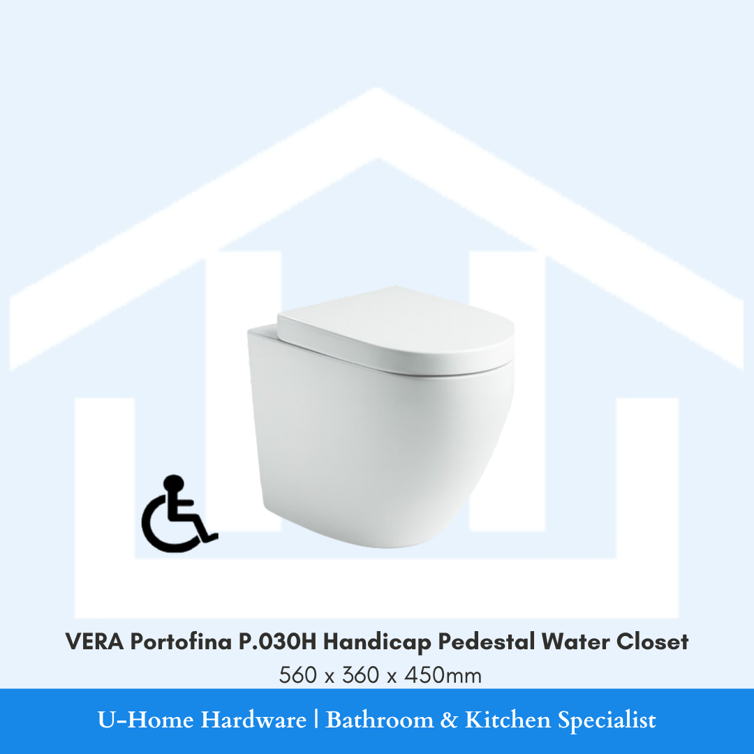 Front angle view of the white VERA Portofina P.030H handicap pedestal water closet measuring 560x360x450mm with accessibility icon, featuring an elevated seating height.