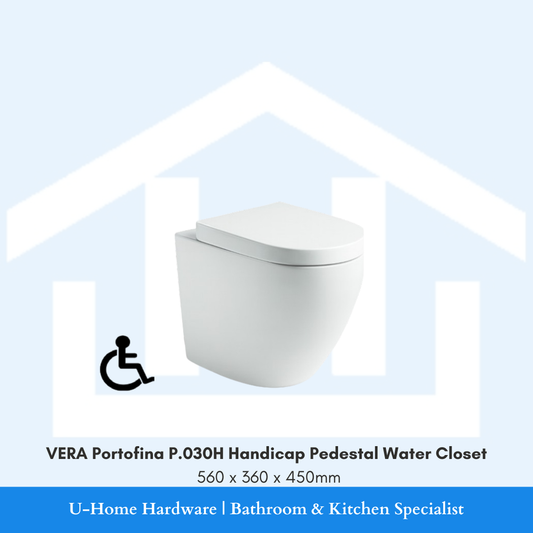 Front angle view of the white VERA Portofina P.030H handicap pedestal water closet measuring 560x360x450mm with accessibility icon, featuring an elevated seating height.