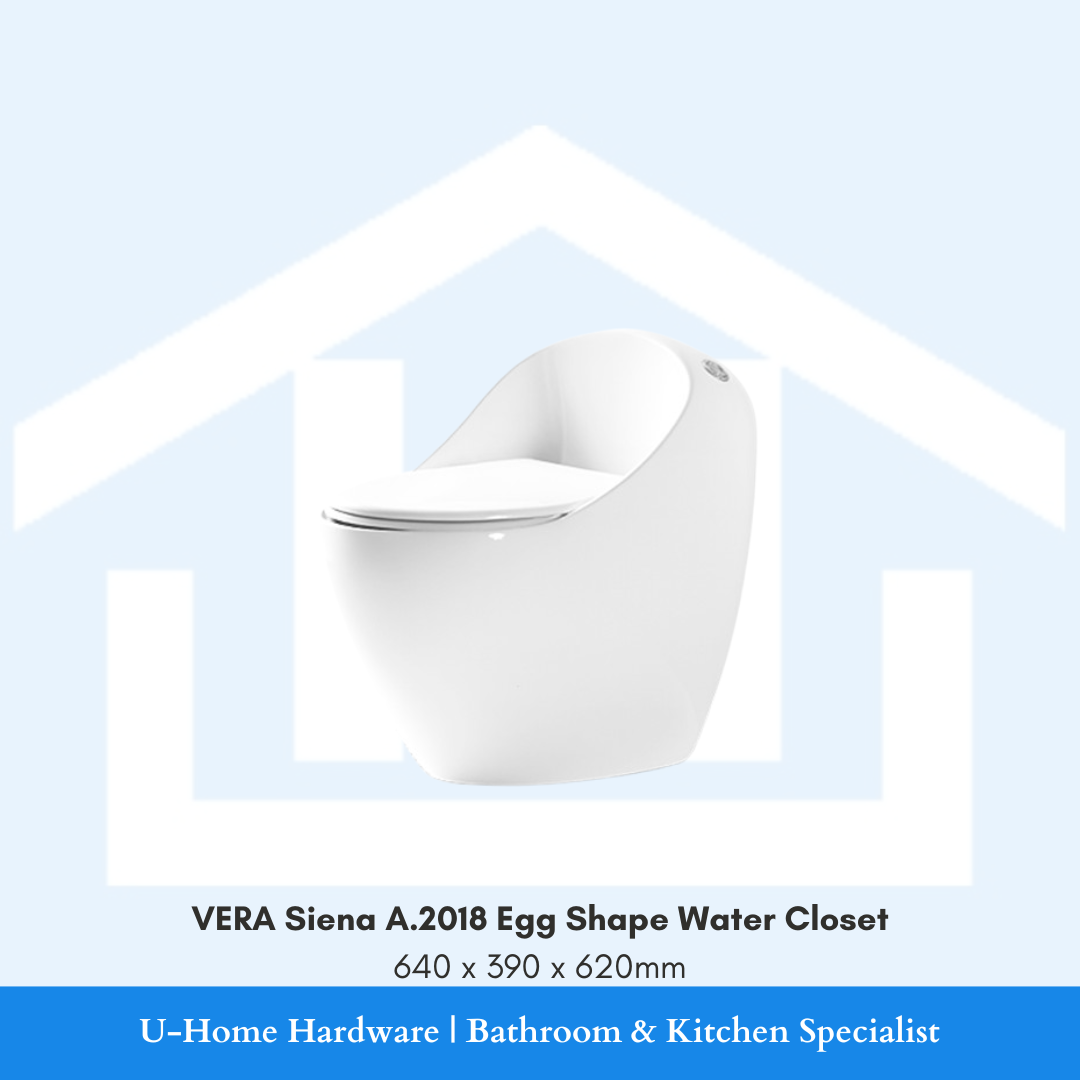 Front angle view of the pure white VERA Siena A.2018 egg-shape water closet measuring 640x390x620mm, displaying its seamless organic curved profile.
