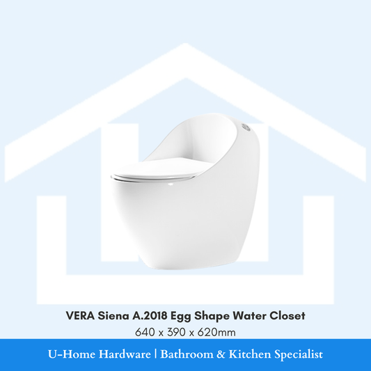 Front angle view of the pure white VERA Siena A.2018 egg-shape water closet measuring 640x390x620mm, displaying its seamless organic curved profile.