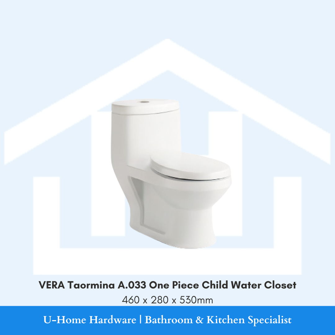 Front angle view of the white VERA Taormina A.033 one-piece mini child water closet measuring 460x280x530mm, designed for kids potty training and preschools.