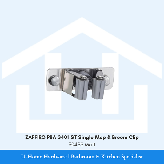 Front close-up view of wall-mounted ZAFFIRO PBA-3401-ST single mop holder clip in matte stainless steel, showcasing the heavy-duty roller grip mechanism.
