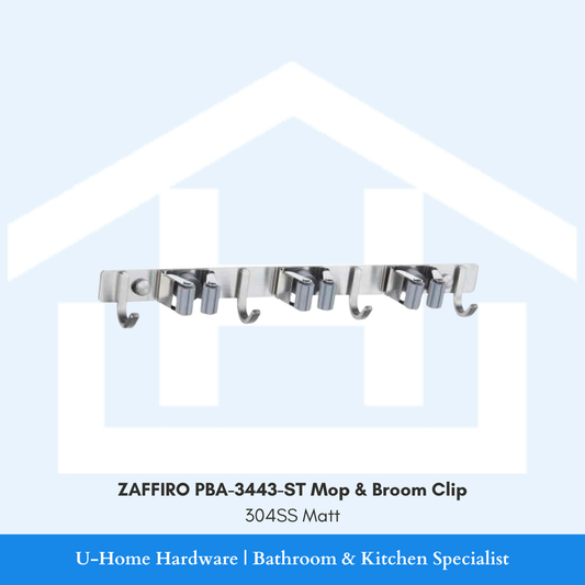 Front view of wall-mounted ZAFFIRO PBA-3443-ST mop and broom holder clip in matte stainless steel, showing the heavy-duty spring-loaded rubber roller mechanism.