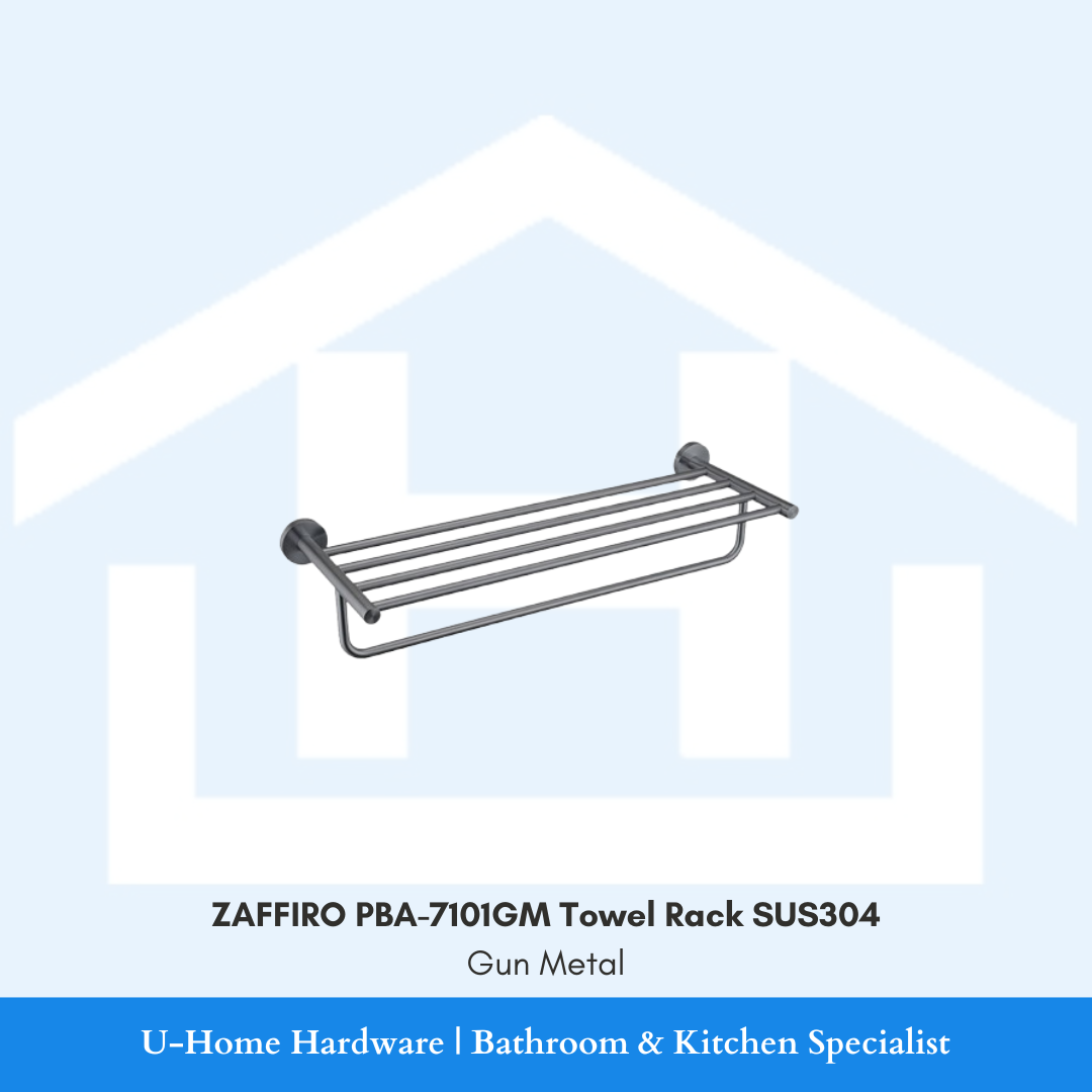 Front-facing perspective view of the wall-mounted ZAFFIRO PBA-7101GM towel rack in premium gunmetal finish, highlighting the top shelf tier and lower hanging rail.