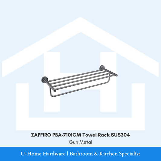 Front-facing perspective view of the wall-mounted ZAFFIRO PBA-7101GM towel rack in premium gunmetal finish, highlighting the top shelf tier and lower hanging rail.