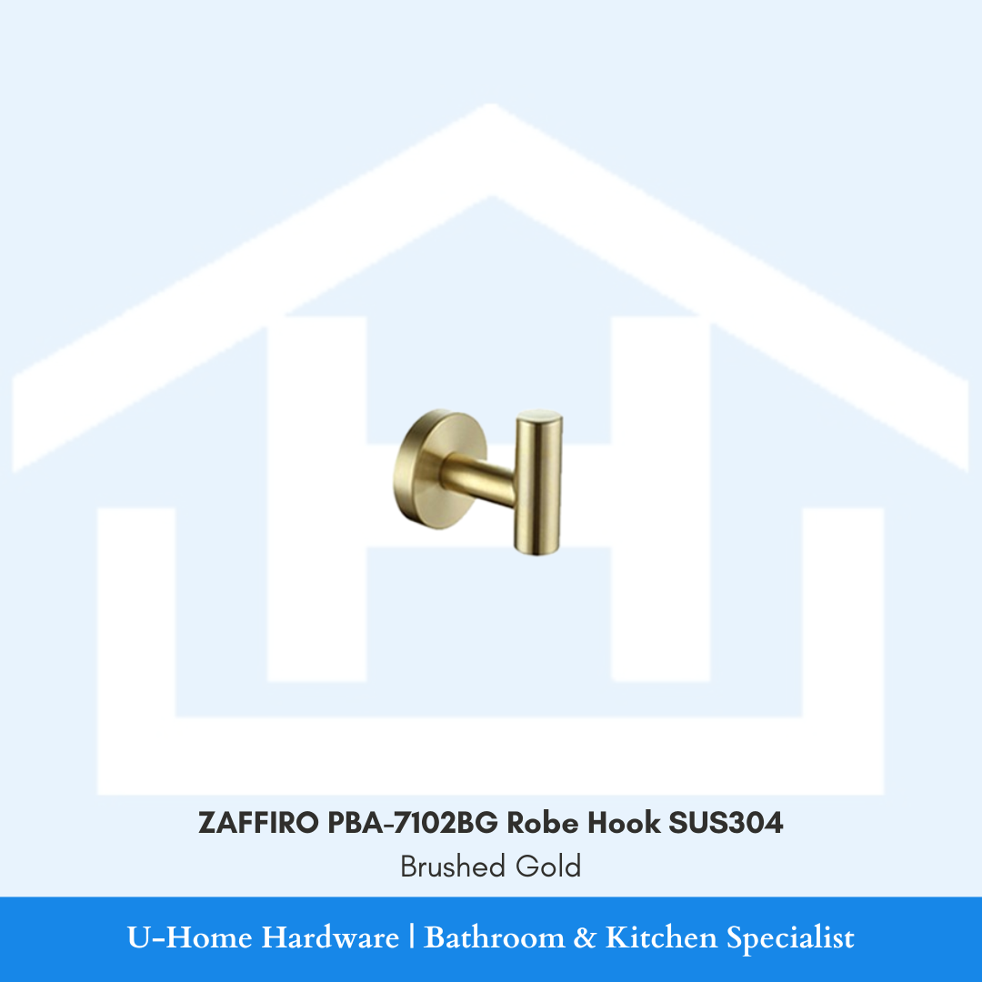 Side profile view of the wall-mounted ZAFFIRO PBA-7102BG single robe hook in premium brushed gold finish, showcasing the solid SUS304 stainless steel cylinder structure.