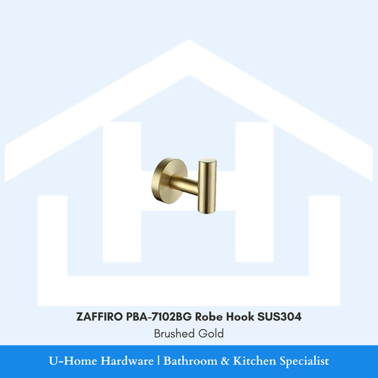 Side profile view of the wall-mounted ZAFFIRO PBA-7102BG single robe hook in premium brushed gold finish, showcasing the solid SUS304 stainless steel cylinder structure.