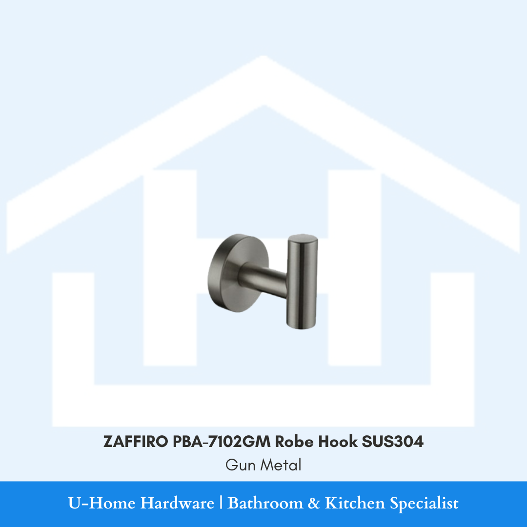 Side profile view of the wall-mounted ZAFFIRO PBA-7102GM single robe hook in premium gunmetal finish, showcasing the solid SUS304 stainless steel cylinder structure.