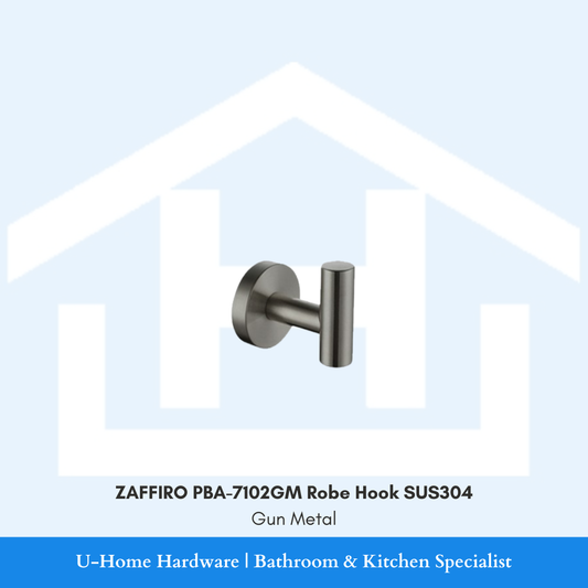 Side profile view of the wall-mounted ZAFFIRO PBA-7102GM single robe hook in premium gunmetal finish, showcasing the solid SUS304 stainless steel cylinder structure.