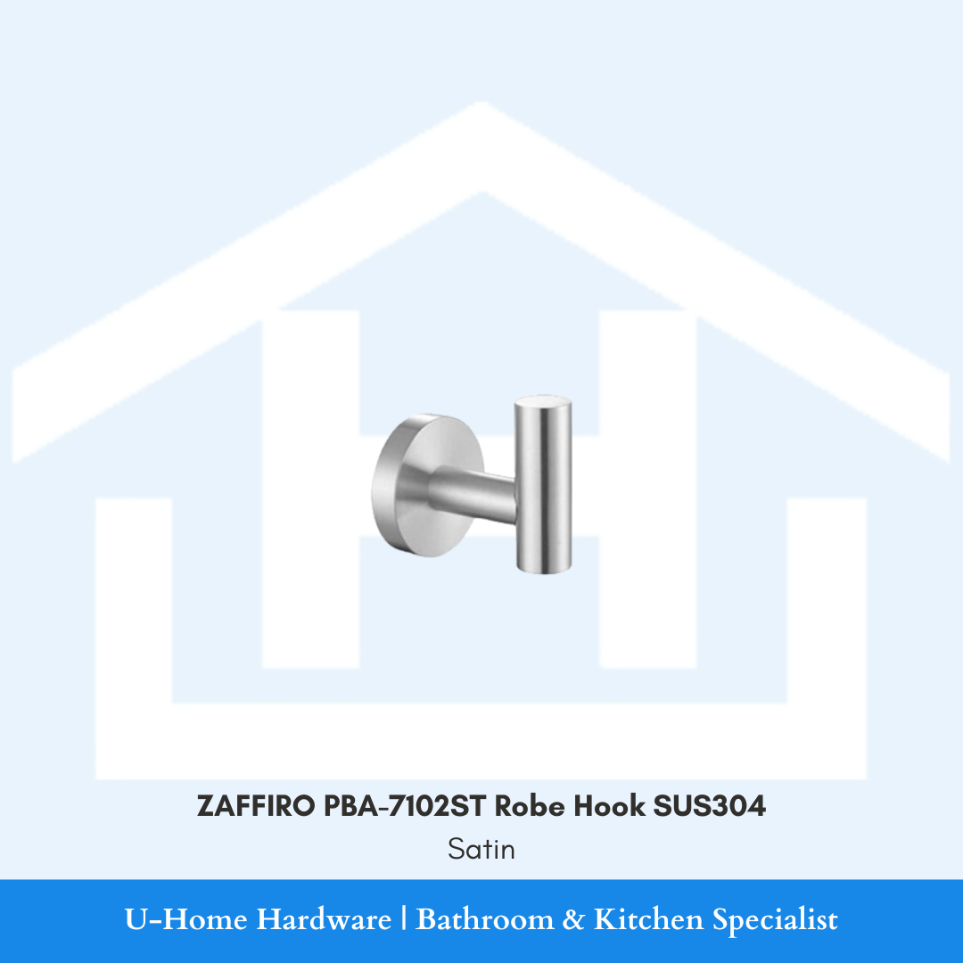 Side profile view of the wall-mounted ZAFFIRO PBA-7102ST robe hook in a brushed satin finish, highlighting the solid SUS304 stainless steel structure.