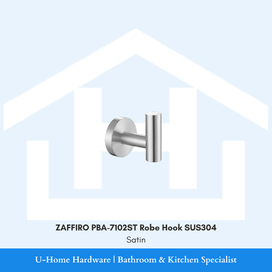 Side profile view of the wall-mounted ZAFFIRO PBA-7102ST robe hook in a brushed satin finish, highlighting the solid SUS304 stainless steel structure.