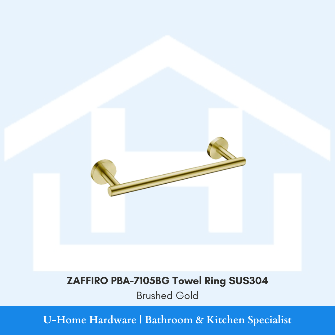 Front view of the wall-mounted ZAFFIRO PBA-7105BG towel ring in premium brushed gold finish, showcasing its solid SUS304 stainless steel circular rod.