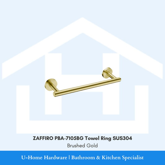 Front view of the wall-mounted ZAFFIRO PBA-7105BG towel ring in premium brushed gold finish, showcasing its solid SUS304 stainless steel circular rod.
