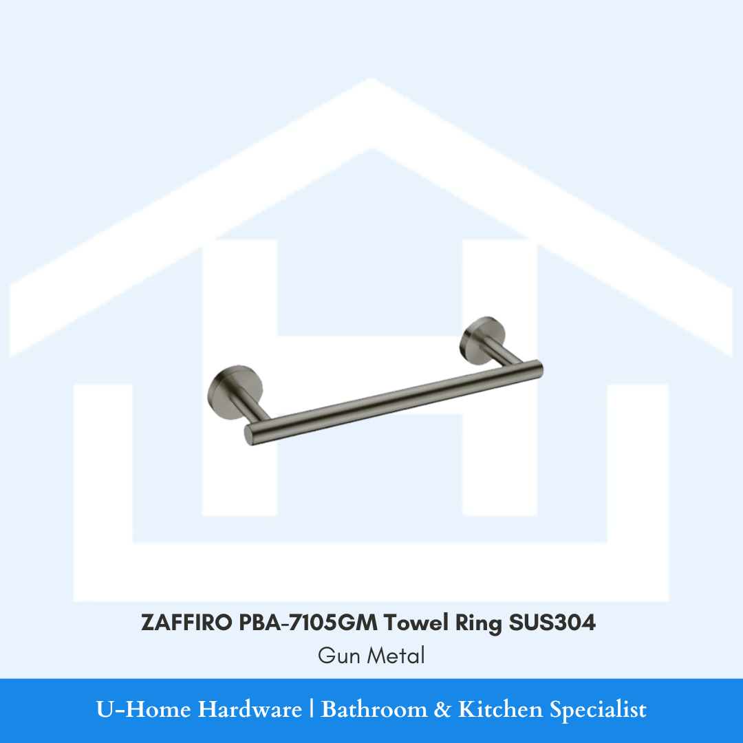 Front view of the wall-mounted ZAFFIRO PBA-7105GM towel ring in premium gunmetal finish, showcasing its solid SUS304 stainless steel circular frame.