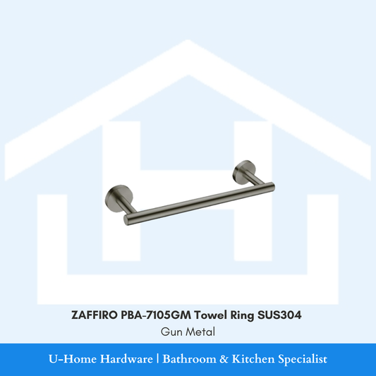 Front view of the wall-mounted ZAFFIRO PBA-7105GM towel ring in premium gunmetal finish, showcasing its solid SUS304 stainless steel circular frame.