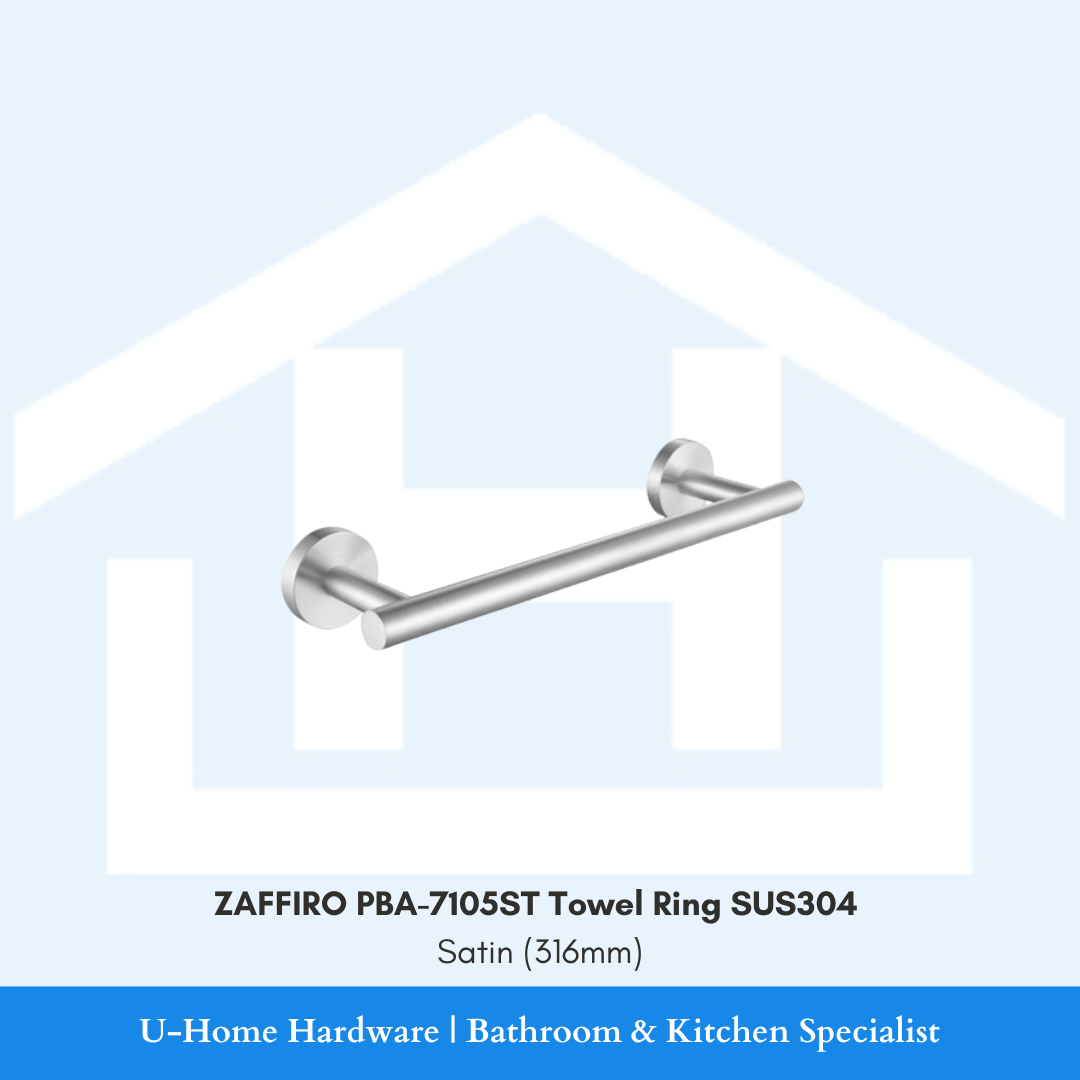 Front view of the wall-mounted ZAFFIRO PBA-7105ST towel ring in a brushed satin finish, highlighting its 316mm stainless steel rod.