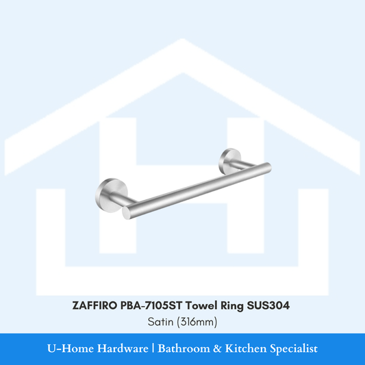 Front view of the wall-mounted ZAFFIRO PBA-7105ST towel ring in a brushed satin finish, highlighting its 316mm stainless steel rod.