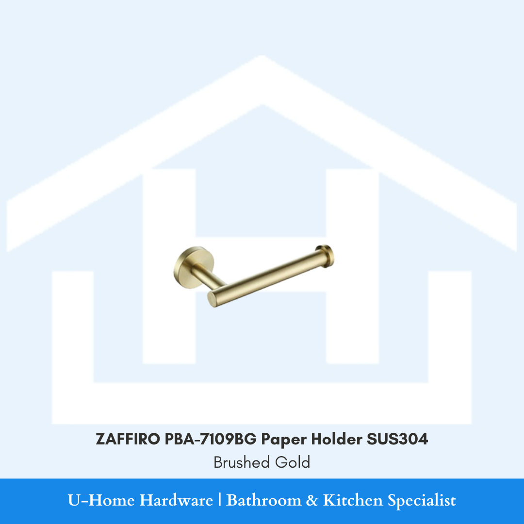 Front view of wall-mounted ZAFFIRO PBA-7109BG toilet paper holder in premium brushed gold finish, displaying the single-arm SUS304 stainless steel roll bracket.