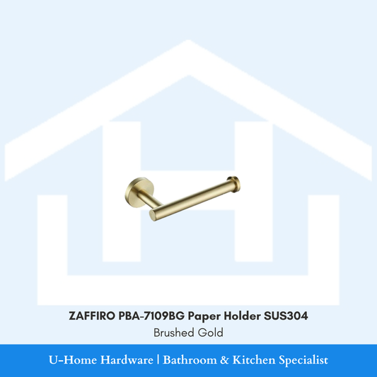 Front view of wall-mounted ZAFFIRO PBA-7109BG toilet paper holder in premium brushed gold finish, displaying the single-arm SUS304 stainless steel roll bracket.