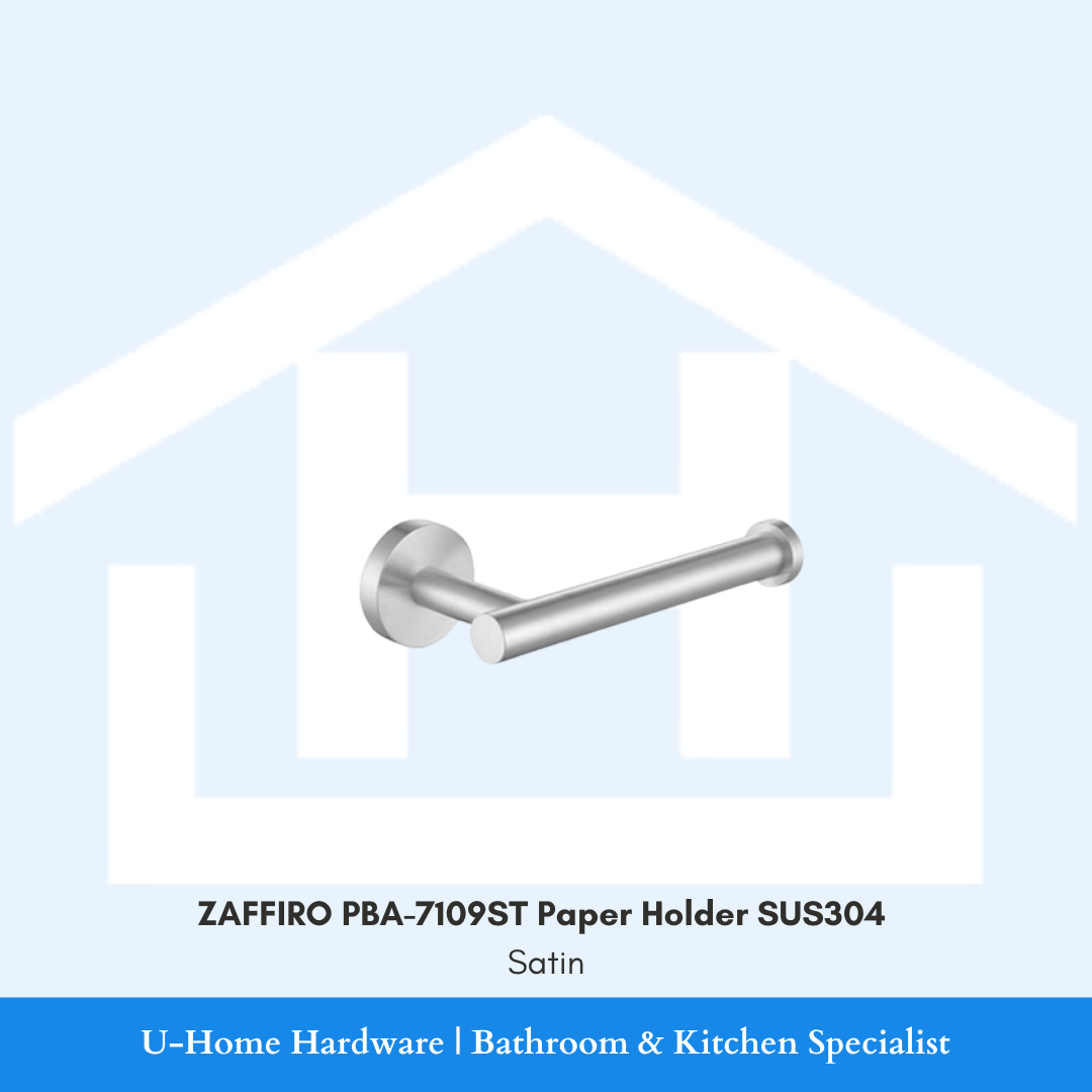 Front view of wall-mounted ZAFFIRO PBA-7109ST toilet paper holder in a brushed satin finish, displaying the solid SUS304 stainless steel roller arm layout.