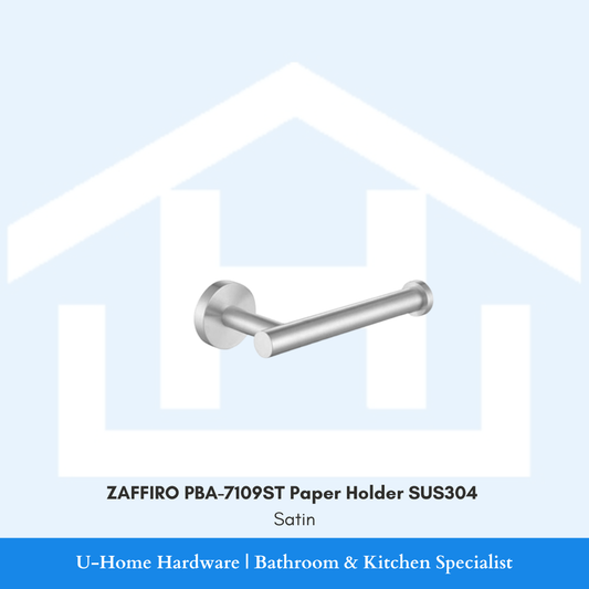 Front view of wall-mounted ZAFFIRO PBA-7109ST toilet paper holder in a brushed satin finish, displaying the solid SUS304 stainless steel roller arm layout.