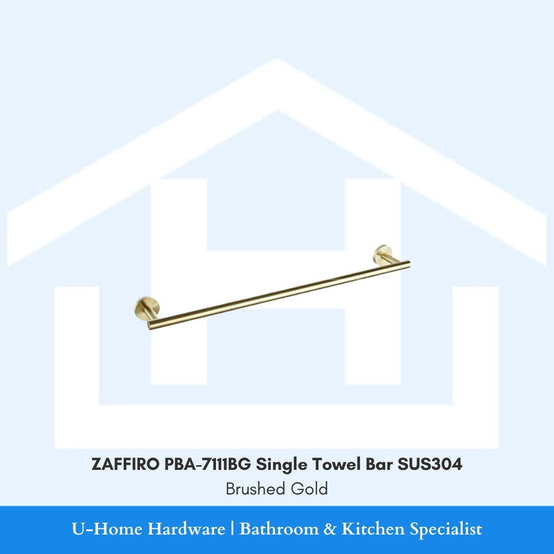 Side view of wall-mounted ZAFFIRO PBA-7111BG single towel bar in premium brushed gold finish, highlighting its long linear SUS304 stainless steel hanging rail.