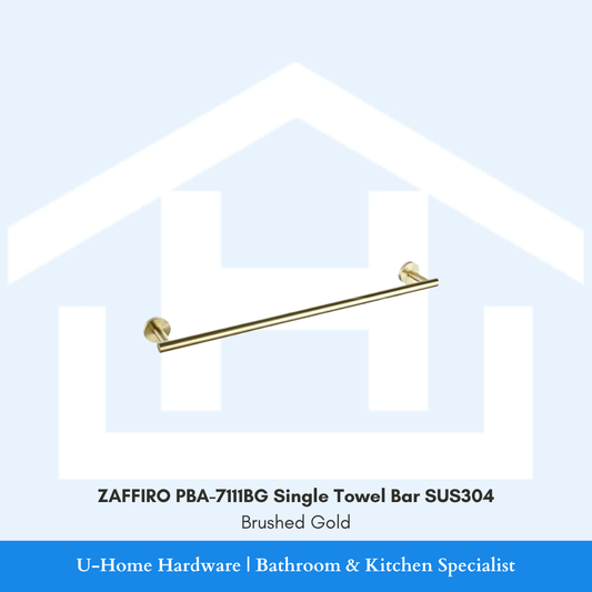 Side view of wall-mounted ZAFFIRO PBA-7111BG single towel bar in premium brushed gold finish, highlighting its long linear SUS304 stainless steel hanging rail.