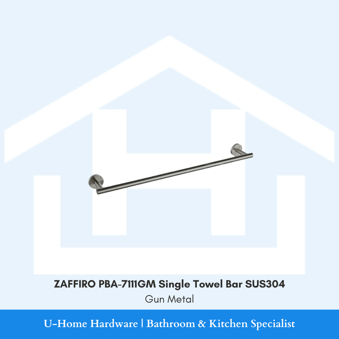 Front view of wall-mounted shadow-finish ZAFFIRO PBA-7111GM single towel bar in premium gunmetal, highlighting its linear SUS304 stainless steel rail.