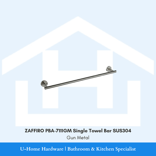Front view of wall-mounted shadow-finish ZAFFIRO PBA-7111GM single towel bar in premium gunmetal, highlighting its linear SUS304 stainless steel rail.