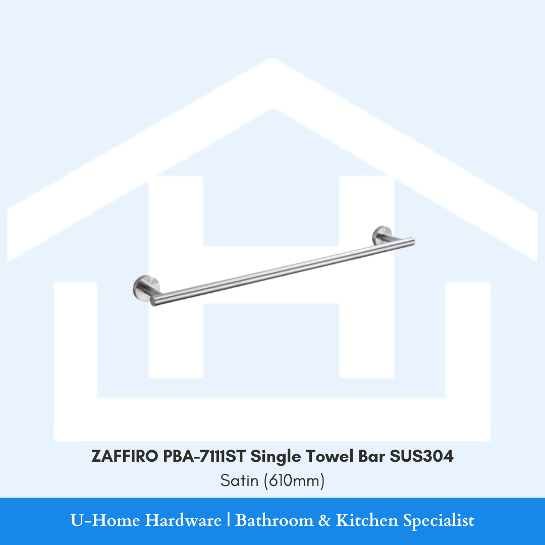 Front view of wall-mounted ZAFFIRO PBA-7111ST single towel bar in a brushed satin finish, highlighting its 610mm linear stainless steel hanging rail.