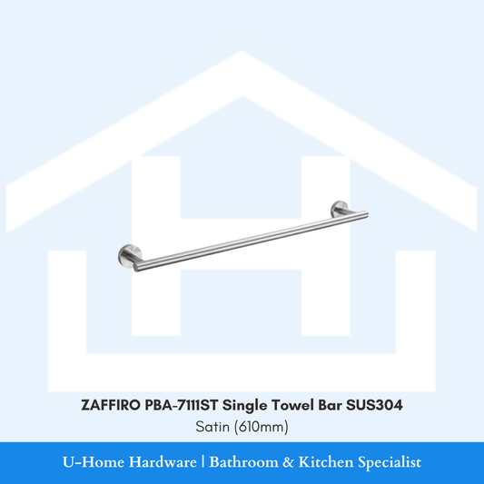 Front view of wall-mounted ZAFFIRO PBA-7111ST single towel bar in a brushed satin finish, highlighting its 610mm linear stainless steel hanging rail.