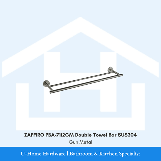 Angled perspective view of the wall-mounted ZAFFIRO PBA-7112GM double towel bar in premium gunmetal finish, showcasing the parallel dual-rail SUS304 stainless steel design.