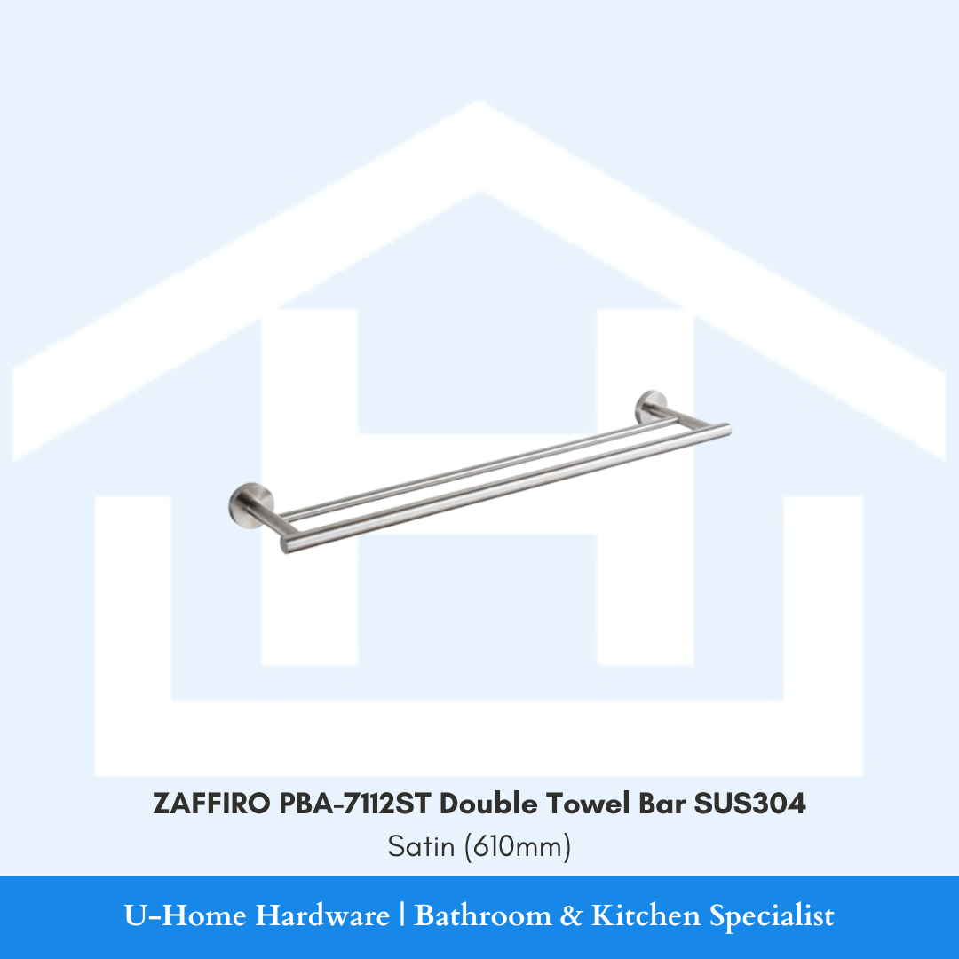 Angled perspective view of the wall-mounted ZAFFIRO PBA-7112ST double towel bar in a brushed satin finish, showcasing the parallel 610mm dual-rail design.