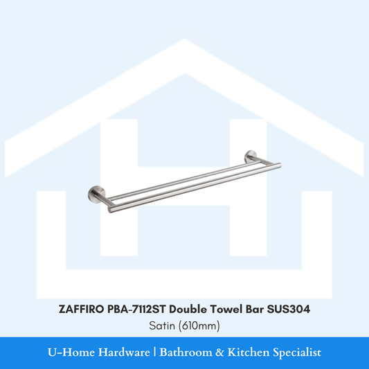 Angled perspective view of the wall-mounted ZAFFIRO PBA-7112ST double towel bar in a brushed satin finish, showcasing the parallel 610mm dual-rail design.