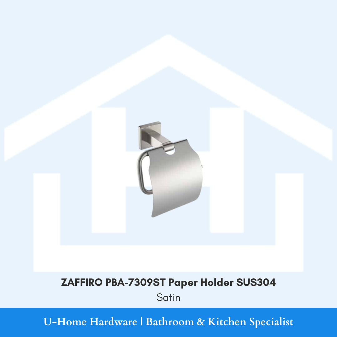Front view of wall-mounted ZAFFIRO PBA-7309ST toilet paper holder in premium satin finish, displaying the single-arm SUS304 stainless steel roll bracket.