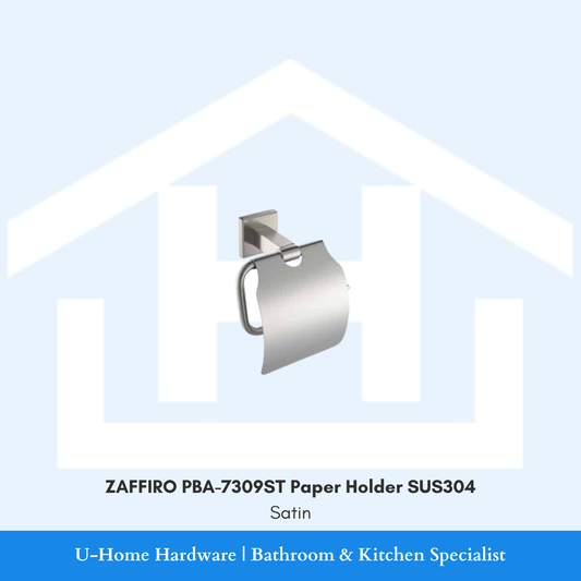 Front view of wall-mounted ZAFFIRO PBA-7309ST toilet paper holder in premium satin finish, displaying the single-arm SUS304 stainless steel roll bracket.