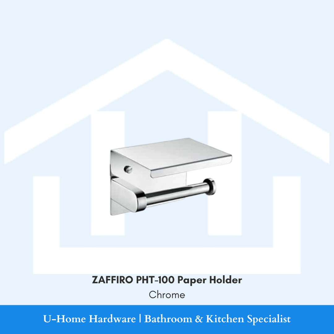 Angled view of the wall-mounted ZAFFIRO PHT-100 toilet paper holder in polished chrome finish, featuring the flat top phone shelf and lower roll rod.