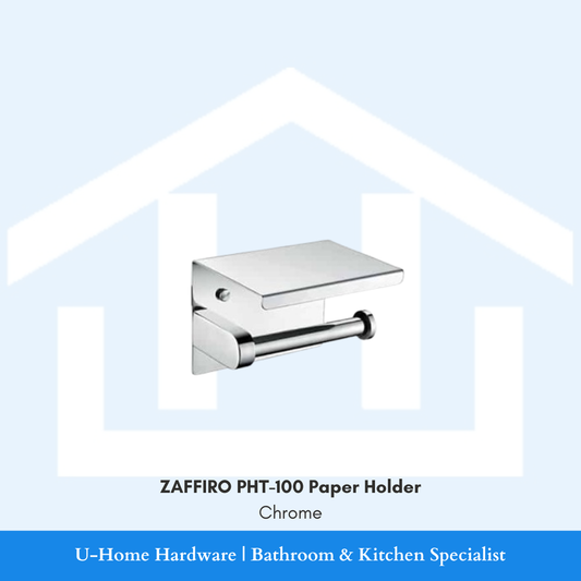 Angled view of the wall-mounted ZAFFIRO PHT-100 toilet paper holder in polished chrome finish, featuring the flat top phone shelf and lower roll rod.