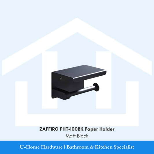 Front angle view of the wall-mounted ZAFFIRO PHT-100BK toilet paper holder in a sleek matt black finish, featuring a flat top phone shelf and open roll dispenser.