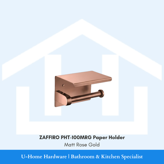 Front angle view of the wall-mounted ZAFFIRO PHT-100MRG toilet paper holder in a luxury brushed matt rose gold finish, featuring an integrated flat phone shelf and open roll dispenser.