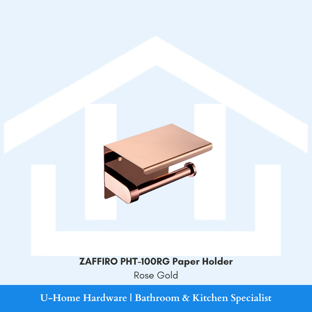 Front angle view of the wall-mounted ZAFFIRO PHT-100RG toilet paper holder in a luxury rose gold finish, featuring an integrated flat phone shelf and open roll dispenser.