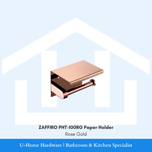 Front angle view of the wall-mounted ZAFFIRO PHT-100RG toilet paper holder in a luxury rose gold finish, featuring an integrated flat phone shelf and open roll dispenser.